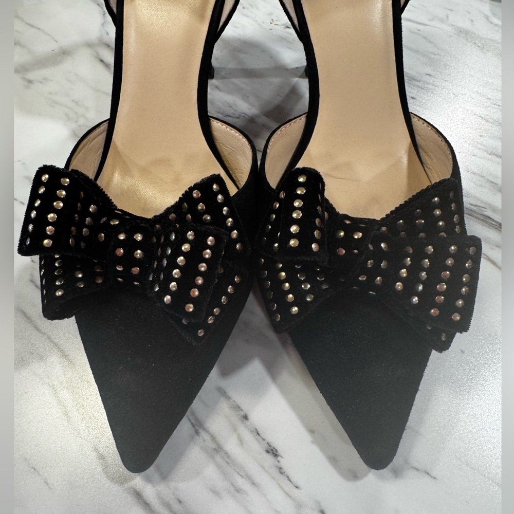 Black Suede Kate Spade Gold Studded Bow Pointed-Toe Pumps size 10 - Picture 3 of 10
